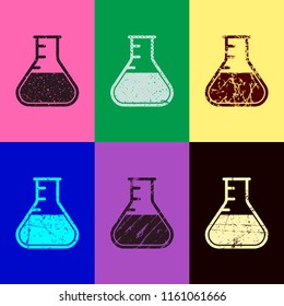 Medical test tube. simple silhouette. Pop art style. Scratched icons on 6 colour backgrounds. Seamless pattern