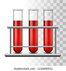 Medical test tubes with blood in rack. Transparent glass flasks. Vector illustration.