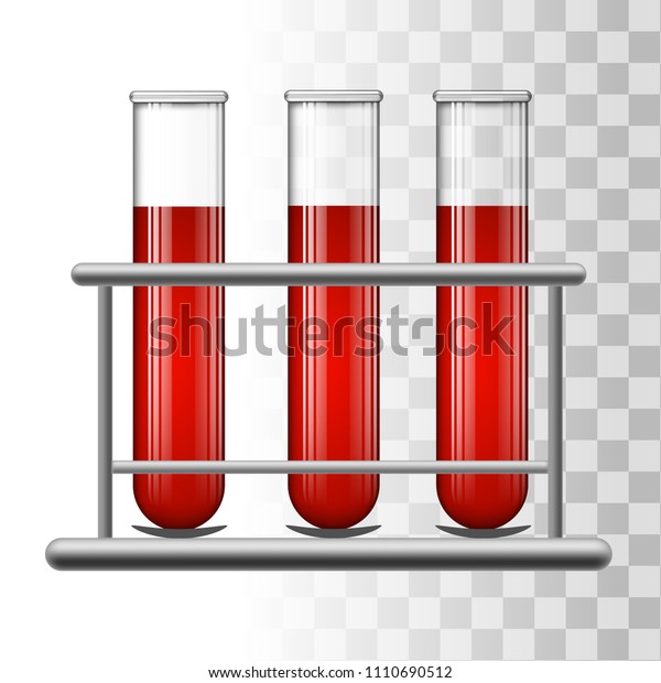 Medical test tubes with blood in rack.\
Transparent glass flasks. Vector\
illustration.