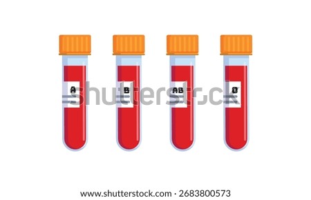 Medical test tubes with blood sample A, B, AB, O type vector illustration isolated on white bacground. Laboratory research concept for biochemistry and viruses. Blood donation icon.