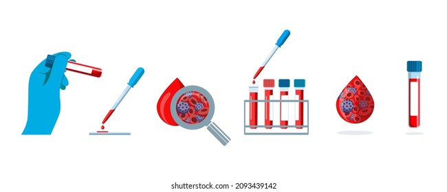 Medical Test Tubes With Blood Samples. The Patient's Blood In Pipettes For Analysis. Laboratory Research Concept For Biochemistry And Viruses. Blood Donation. Blood Plasma With Viruses. Vector Set.