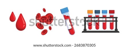 Medical test tubes with blood samples. The patient's blood in pipettes for analysis. Laboratory research concept for biochemistry and viruses. Blood donation. Blood cells plasma Vector isolated.