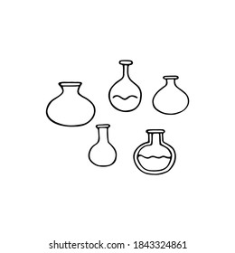 Medical test tubes doodle set. Hand drawn flasks isolated on white background. Chemical glass for medical, scientific, educational, school, laboratory design. Vector pharmaceutical geek illustration