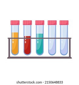 Tubos de prueba médica con líquido multicolor. Tripod, base para tubos de ensayo. Análisis. Máscaras médicas, herramientas. Investigación de laboratorio, protección de virus. Ilustración del vector