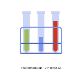 Medical test tubes with samples, blue, flasks with red and green liquid on rack vector illustration