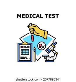 Medical Test Vector Icon Concept. Medical Test And Analyzing Blood With Microscope Laboratory Equipment, Researching And Reporting Patient Health. Testing Bloody Analysis Color Illustration