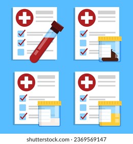 Medizinischer Test, Vektor-Set. Illustration von Laborbehältern mit Urin, Fäzes, Sperma und Blut. Mikrobiologisches Konzept, biologische Analyse. Papierblatt mit dem Ergebnis.