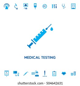 Medical testing diagnostic vector icon logo. Syringe sign illustration for laboratory, hospital. Symbol of vaccine, flu, vaccination, injection.Medical research equipment isolated on white background 