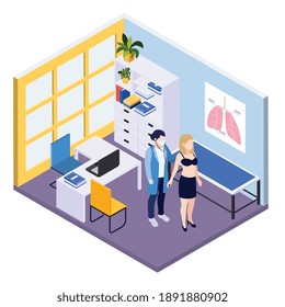 Medical testing isometric background with doctor listening to patient lungs in medical office vector illustration