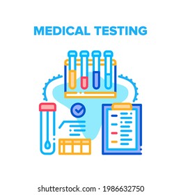 Medical Testing Laboratory Vector Icon Concept. Blood And Dna Medical Testing With Lab Equipment And Flask, Assistant Working With Dispenser, Medicine Occupation Color Illustration