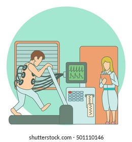 Medical testing person on treadmill concept. Flat illustration of medical testing person on treadmill vector concept for web