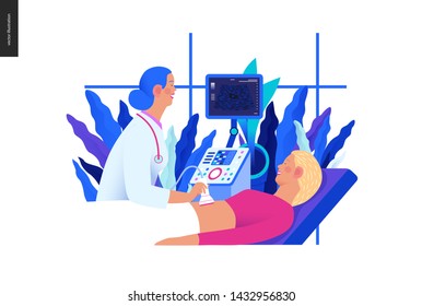 Medical tests Blue illustration - ultrasound - modern flat vector concept digital illustration of ultrasonography procedure -doctor examing patient pregnant woman scanner, medical office or laboratory