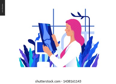 Medical tests blue illustration - x-ray test - modern flat vector concept digital illustration of x-ray image - a doctor looking at the radiograph , in the medical office or laboratory