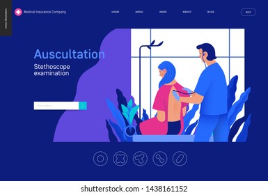 Medical tests Blue template - auscultation -modern flat vector concept digital illustration of stethoscope examination procedure - patient and doctor carrying out procedure, medical office, laboratory
