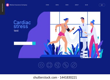 Medical tests Blue template - cardiac stress test -modern flat vector concept digital illustration, stress test procedure -patient with sensors on treadmill, doctors carrying out procedure, laboratory