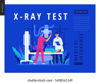 Medical tests blue template - x-ray test - modern flat vector concept digital illustration of x-ray procedure - a patient and doctors with a x-ray machine, medical office or laboratory