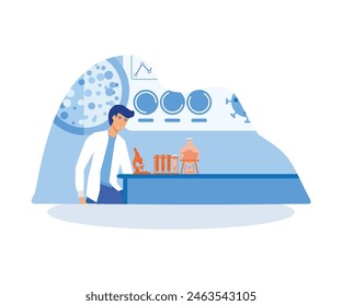 Medical tests chemical laboratory analysis digital. Laboratory analysis man laboratory assistance, microscope, medical office. flat vector modern illustration 