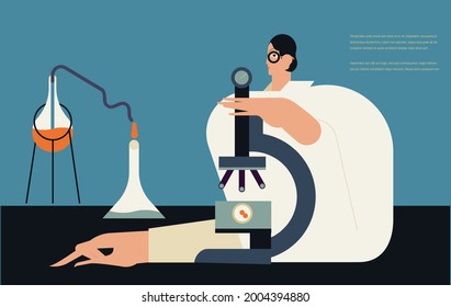 Medical tests illustration. Chemical laboratory analysis. Man laboratory assistance, microscope, medical office, laboratory.