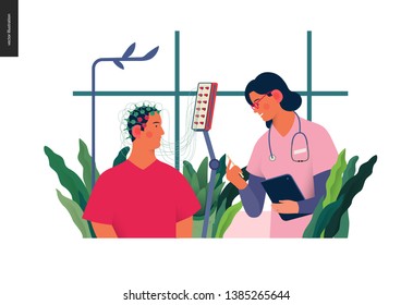 Medical tests illustration - EEG - electroencephalography - modern flat vector concept digital illustration of encephalography procedure - a patient with head electrodes and doctor in medical office