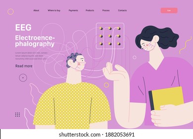 Medical tests illustration - EEG - electroencephalography - modern flat vector concept digital illustration of encephalography procedure - a patient with head electrodes and doctor in medical office