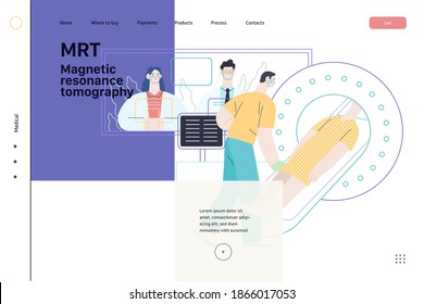 Medical tests illustration - magnetic resonance tomography - modern flat vector concept digital illustration of mri procedure - a patient in the scanner and doctor, medical office or laboratory