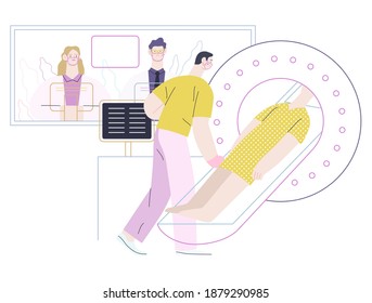 Medical tests illustration - magnetic resonance tomography - modern flat vector concept digital illustration of mri procedure - a patient in the scanner and doctor, medical office or laboratory