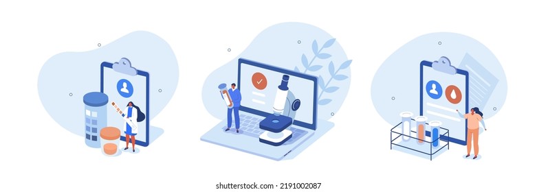 
Medical Tests Illustration Set. Laboratory Doctor Or Chemist Testing Patients Urine And Blood Samples And Saving Lab Results Online. Health Care And Medicine Concept. Vector Illustration.