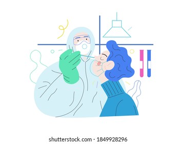 Medical tests illustration - testing for COVID-19 - modern flat vector illustration of coronavirus test procedure - a patient and doctor wearing protective suit and respirator, the medical laboratory