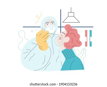 Medical tests illustration - testing for COVID-19 - modern flat vector illustration of coronavirus test procedure - a patient and doctor wearing protective suit and respirator, the medical laboratory