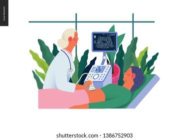 Medical tests illustration - ultrasound - modern flat vector concept digital illustration of ultrasonography procedure -doctor examing patient pregnant woman with scanner, medical office or laboratory