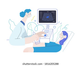 Ilustración de las pruebas médicas - ultrasonido - moderno concepto de vector plano ilustración digital del procedimiento de ultrasonografía - examen médico paciente embarazada con escáner, consultorio médico o laboratorio