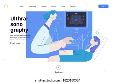 Medical tests illustration - ultrasound - modern flat vector concept digital illustration of ultrasonography procedure -doctor examing patient pregnant woman with scanner, medical office or laboratory