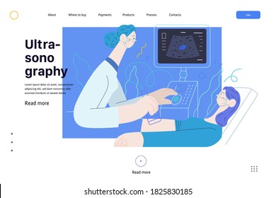 Medical tests illustration - ultrasound - modern flat vector concept digital illustration of ultrasonography procedure -doctor examing patient pregnant woman with scanner, medical office or laboratory