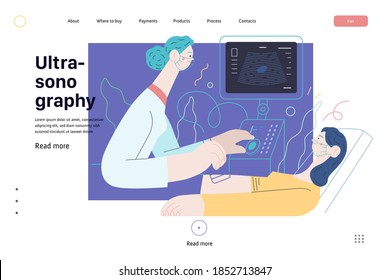 Medical tests illustration - ultrasound - modern flat vector concept digital illustration of ultrasonography procedure -doctor examing patient pregnant woman with scanner, medical office or laboratory