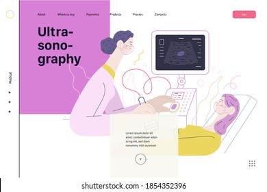 Medical tests illustration - ultrasound - modern flat vector concept digital illustration of ultrasonography procedure -doctor examing patient pregnant woman with scanner, medical office or laboratory