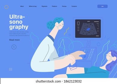 Medical tests illustration - ultrasound - modern flat vector concept digital illustration of ultrasonography procedure -doctor examing patient pregnant woman with scanner, medical office or laboratory