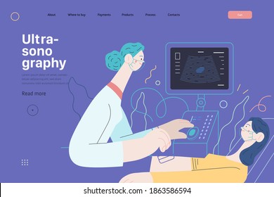 Medical tests illustration - ultrasound - modern flat vector concept digital illustration of ultrasonography procedure -doctor examing patient pregnant woman with scanner, medical office or laboratory