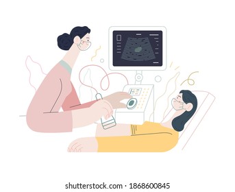 Medical tests illustration - ultrasound - modern flat vector concept digital illustration of ultrasonography procedure -doctor examing patient pregnant woman with scanner, medical office or laboratory