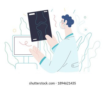 Medical tests illustration - x-ray test - modern flat vector concept digital illustration of x-ray image - a doctor looking at the radiograph , in the medical office or laboratory