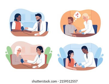 Medical tests for patients 2D vector isolated illustrations set. Doctors and patients flat characters on cartoon background. Medicine colourful scene for mobile, website, presentation collection