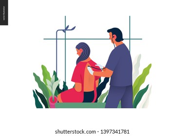 Medical tests template - auscultation - modern flat vector concept digital illustration of stethoscope examination procedure - patient and doctor carrying out procedure, medical office or laboratory