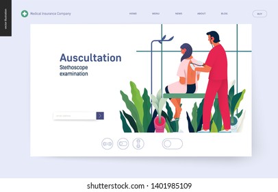 Medical tests template - auscultation - modern flat vector concept digital illustration of stethoscope examination procedure - patient and doctor carrying out procedure, medical office or laboratory