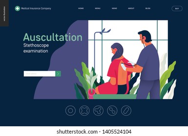 Medical tests template - auscultation - modern flat vector concept digital illustration of stethoscope examination procedure - patient and doctor carrying out procedure, medical office or laboratory