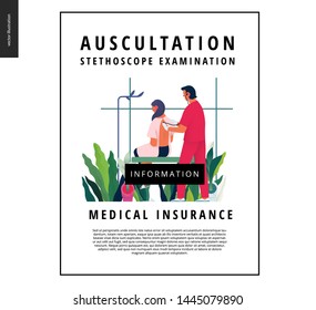 Medical tests template - auscultation - modern flat vector concept digital illustration of stethoscope examination procedure - patient and doctor carrying out procedure, medical office or laboratory