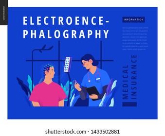 Medical tests template Blue - EEG - electroencephalography - modern flat vector concept digital illustration of encephalography procedure - a patient with head electrodes and doctor in medical office