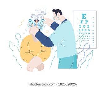 Medical tests template - c -modern flat vector concept digital illustration of eye test procedure -a female patient and a doctors with phoropter, ophthalmologic office