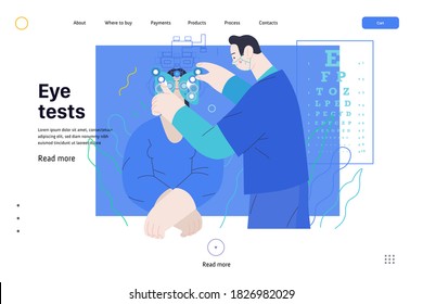 Medical tests template - c -modern flat vector concept digital illustration of eye test procedure -a female patient and a doctors with phoropter, ophthalmologic office