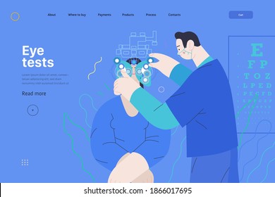 Medical tests template - c -modern flat vector concept digital illustration of eye test procedure -a female patient and a doctors with phoropter, ophthalmologic office