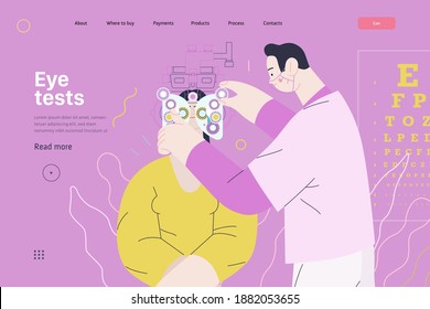 Medical tests template - c -modern flat vector concept digital illustration of eye test procedure -a female patient and a doctors with phoropter, ophthalmologic office