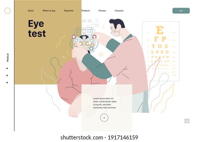 Medical tests template - c -modern flat vector concept digital illustration of eye test procedure -a female patient and a doctors with phoropter, ophthalmologic office